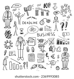 Big set of business elements in doodle style. Vector illustration of sad business people going through an economic crisis, financial difficulties, deadline, problems.