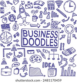 Gran conjunto de Elementos de negocios en estilo doodle. Ilustración vectorial dibujada a mano EPS10. Ideal para el Anuncio, carteles, tarjetas, pegatinas y diseño profesional. Este conjunto contiene flechas, bolso, dinero, reloj...