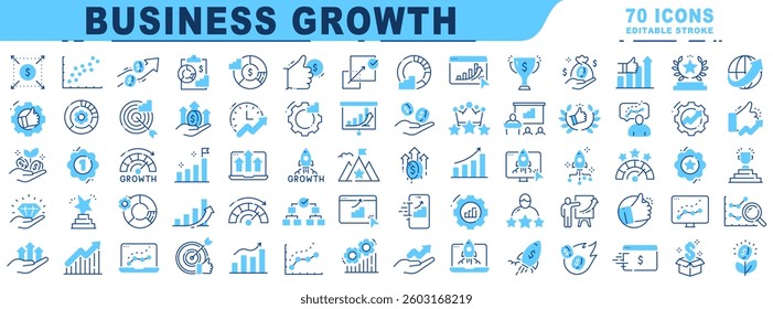 Big set of business growth related filled line icons. Editable stroke