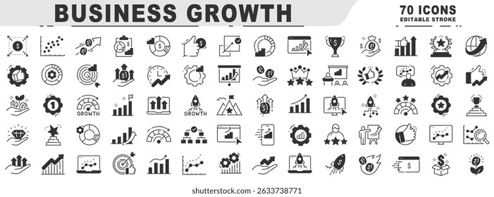 Big set of business growth related black line icons. Editable stroke