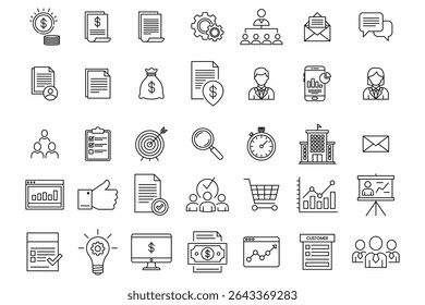 Icono de negocio del sistema grande, iconos editables del negocio de la línea, gráficos de los iconos de la estrategia del crecimiento del negocio, planificación, trabajo en equipo, y éxito, sistema del icono del negocio aislado en el fondo blanco