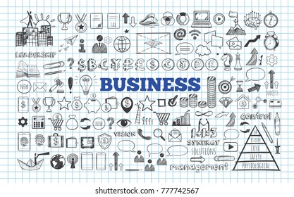 Big set of Business Icons. Vector hand drawn isolated objects. Sketch style