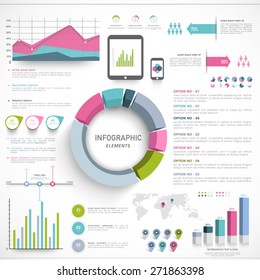 A big set of Business Infographics collection including 3D pie chart, creative graphs, statistical bars and digital devices presentation on white background.