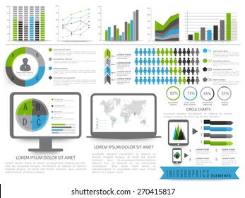 A big set of Business Infographics elements including bars, graphs and desktop screen showing pie chart and world map.