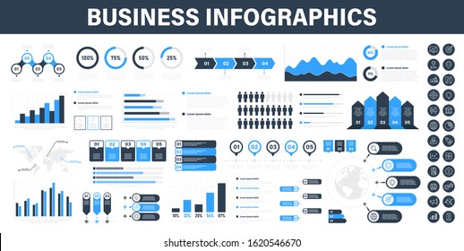 Big set of business infographics. Business icons. Elements marketing charts, steps, business processes, diagram, graphs, strategy, concept template. Vector illustration.