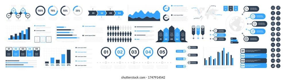 Big set of business infographics. Business icons. Elements marketing charts, steps, business processes, diagram, graphs, strategy, concept template. Vector illustration.