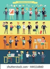 Big set business people characters in flat style design. Meeting, brainstorm, planning, success, work process, coffee break concept. Variety human personages in workflow process vector illustration.