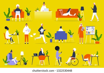 Big Set Of Business People. Office Situations. Millennials At Work. Diversity. Modern Professions. Management. Inclusive Team Of Specialists. Flat Editable Vector Illustration, Clip Art