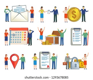 Big set of business people in various situations. Small people posing with calendar, coins, location point, document, clipboard, treasure chest, mail. Flat design vector illustration