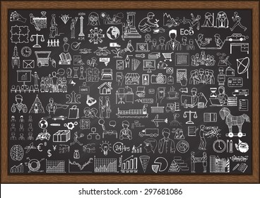 Big set of business situation doodles on chalkboard.