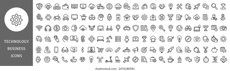 Big set of business and technology line icons on white background.