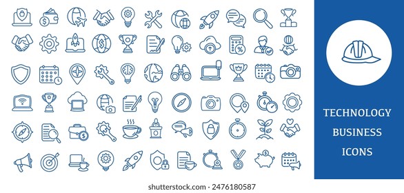 Big set of business and technology line icons on white background.