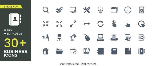 Grande conjunto de ícones de linha de negócios e tecnologia em fundo branco.