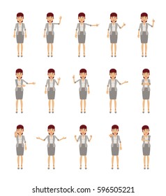 Big set of business woman characters showing different hand gestures. Cheerful woman showing thumb up, pointing, greeting, victory, stop sign and other hand gestures. Simple vector illustration