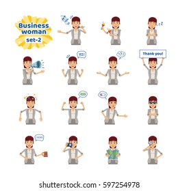 Big set of business woman emoticons showing different actions, gestures, emotions. Cheerful woman singing, sleeping, holding loudspeaker, banner and doing other actions. Simple vector illustration