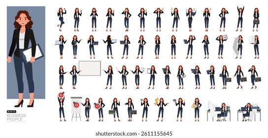 Big Set of Business woman wear black shirt, long brown curly hair character vector design. People working in office planning, thinking and economic analysis.