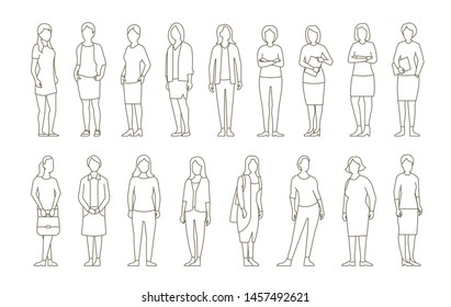 Big set business womens. lady management. Businesswomens standing. Work partnership leadership. Female dress code. Outline contour line vector illustration.