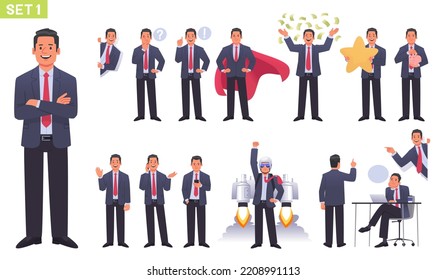 Big set of businessman character. Business man or entrepreneur in different poses and actions. Manager thinks, works, launches a startup. Vector illustration in flat style