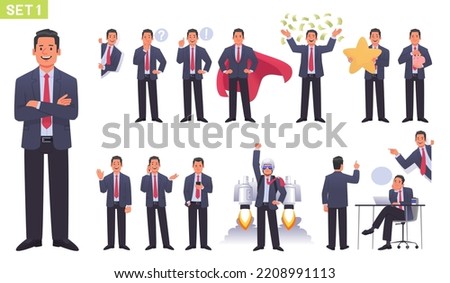 Big set of businessman character. Business man or entrepreneur in different poses and actions. Manager thinks, works, launches a startup. Vector illustration in flat style
