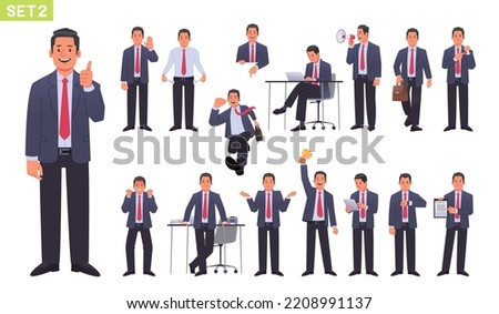 Big set of businessman character. Business man or entrepreneur gesturing and acting. Manager works and runs, wins and attracts the audience. Vector illustration in flat style