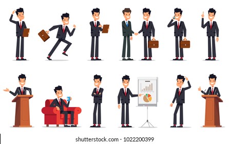 Big set of businessman character with different poses and actions. Vector illustration flat design isolated on white background