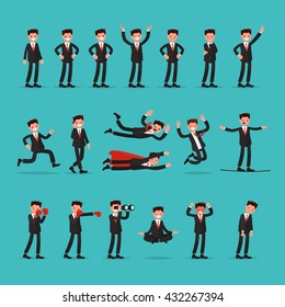 Big set of businessman character with different poses and actions. Employee indicates running, balancing, meditate, falls and much more. Vector illustration of a flat design