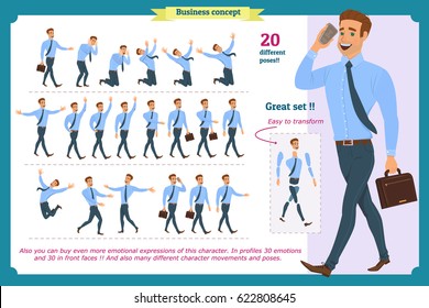 Big set of businessman character poses, gestures,actions.Isolated on white.Office worker professional standing,Cartoon flat-style infographic illustration.businessman is in different situations.People