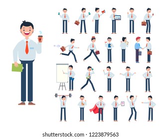 Big set of Businessman character showing different gestures, with various accesories. Character vector flat design for your project.