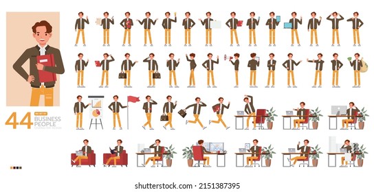 Big Set of businessman character vector design. Presentation in various action. People working in office planning, thinking and economic analysis.