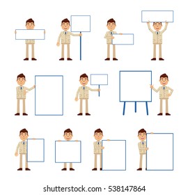 Big set of businessman characters posing with different blank banners. Cheerful businessman holding paper, poster, placard, pointing to whiteboard. Teach, advertise, promote. Flat vector illustration