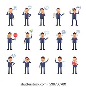 Big set of businessman characters showing different emotions, actions, gestures. Businessman holding stop sign, reading a book, talking on phone and doing other actions. Simple vector illustration