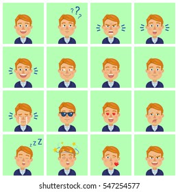 Big set of businessman emoticons. Man avatars showing different facial expressions. Happy, sad, smile, laugh, angry, shocked, serious, dizzy, sleepy and other emotions. Simple vector illustration