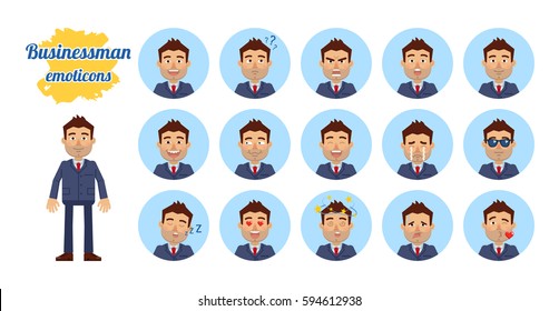 Big set of businessman emoticons. Man emojis showing different facial expressions. Happy, sad, smile, laugh, surprised, serious, angry, in love, sleepy and other emotions. Simple vector illustration