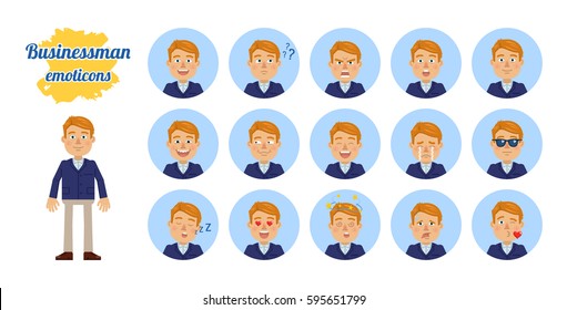 Big set of businessman emoticons. Man emojis showing different facial expressions. Happy, sad, smile, laugh, surprised, serious, angry, dazed, sleepy and other emotions. Simple vector illustration