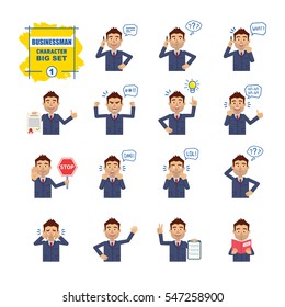 Big set of businessman emoticons showing different actions, emotions, gestures. Cheerful businessman talking on phone, holding stop sign, document and doing other actions. Simple vector illustration