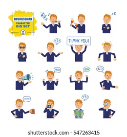 Big set of businessman emoticons showing different actions, emotions, gestures. Cheerful businessman singing, sleeping, holding banner, loudspeaker and doing other actions. Simple vector illustration