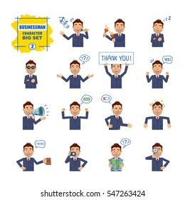 Big set of businessman emoticons showing different actions, emotions, gestures. Cheerful businessman singing, sleeping, holding banner, loudspeaker and doing other actions. Simple vector illustration