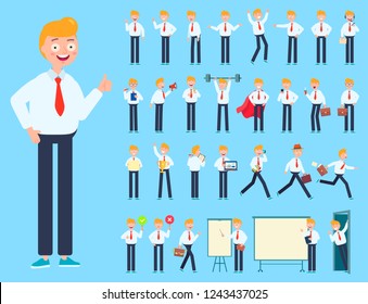 Big set of businessman or office worker character showing different gestures, with various accesories. Character vector flat design for your project.