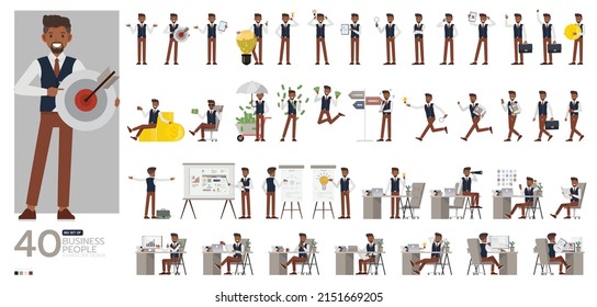 Big Set of businessman wear blue suit character vector design. Presentation in various action. People working in office planning, thinking and economic analysis.