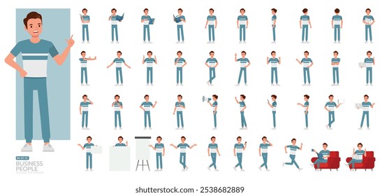 Big Set of businessman wear blue and white t-shirt character vector design. People working in office planning, thinking and economic analysis. Presentation in various action.