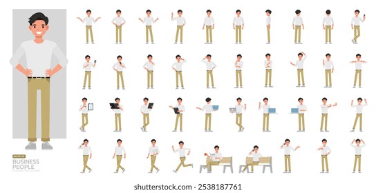 Big Set of businessman wear white shirt character vector design. People working in office planning, thinking and economic analysis. Presentation in various action.