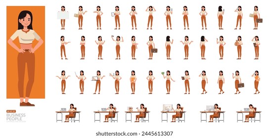 Big Set of businesswoman wear cream color shirt character vector design. Indian people working in office planning, thinking and economic analysis.