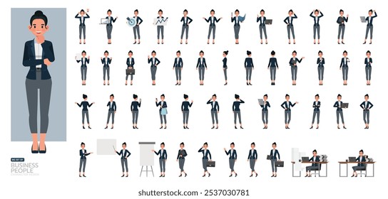 Big Set of businesswoman wear dark blue suit character vector design. People working in office planning, thinking and economic analysis.