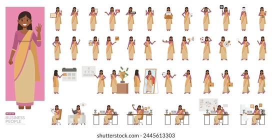 Big Set of businesswoman wear purple color shirt character vector design. Indian people working in office planning, thinking and economic analysis. Presentation in various action.