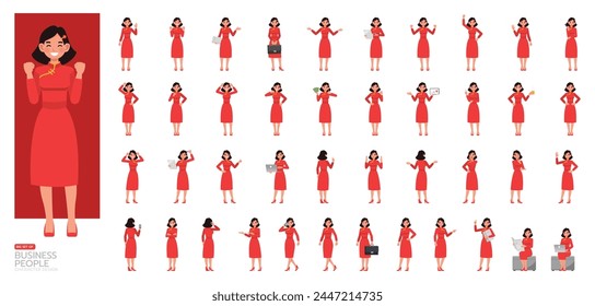 Big Set of businesswoman wear red dress character vector design. Chinese woman working in office planning, thinking and economic analysis illustration. Presentation in various action.