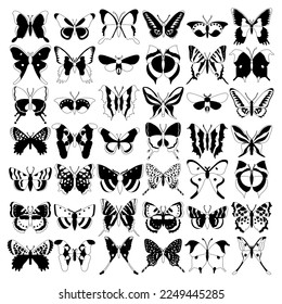 Big set butterflies on a white background, drawing decorative insect, silhouettes hand draw, isolated vector