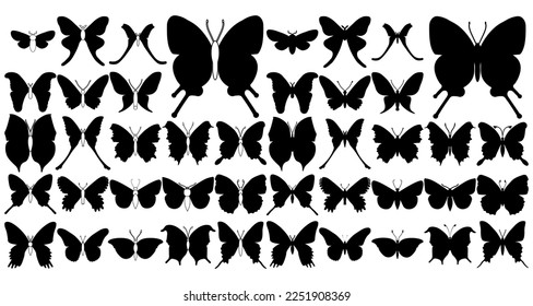 Big set butterflies on a white background, drawing decorative insect, silhouettes hand draw, isolated vector