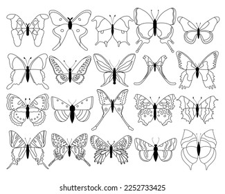 Big set butterflies on a white background, drawing decorative insect, silhouettes hand draw, isolated vector
