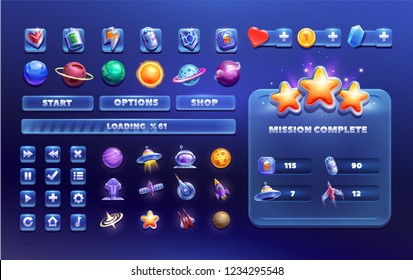 Big set buttons for games and app. Metal game UI kit. Space game icon .