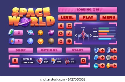 Botones grandes para juegos y aplicaciones. Kit de UI de juego de vidrio. Elementos de juego Icono de juego Espacio.